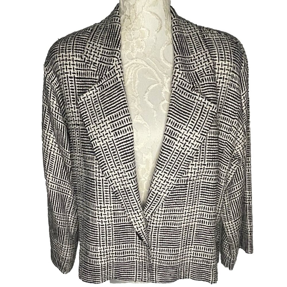 Vintage ANNE KLEIN W sz M 80s 90s Black White Nubby Plaid Blazer Jacket Boxy